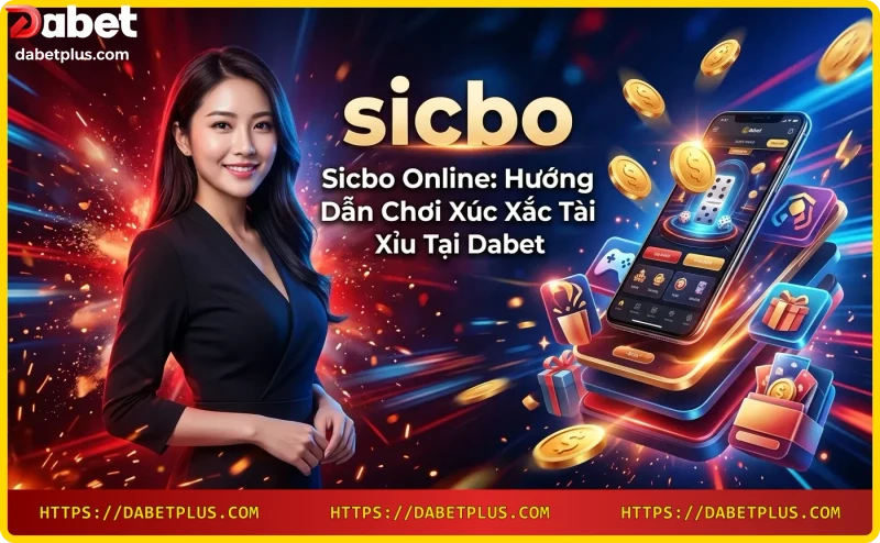 Ba viên xúc xắc Sicbo trên bàn cược casino với đồng vàng và ánh sáng màu xanh tím