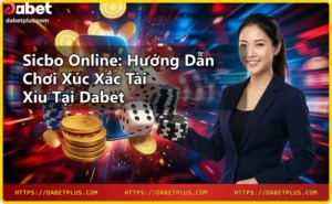 Ba viên xúc xắc Sicbo trên bàn cược casino với đồng vàng và ánh sáng màu xanh tím