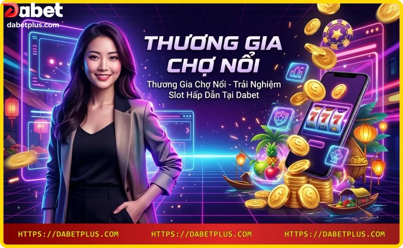 Chi tiết slot reels Thương gia chợ nổi với biểu tượng chợ nổi và ánh sáng neon