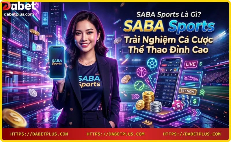 Giao diện nền tảng SABA Sports với biểu tượng thể thao và trận bóng đá trực tiếp, ánh sáng neon xanh dương và tím