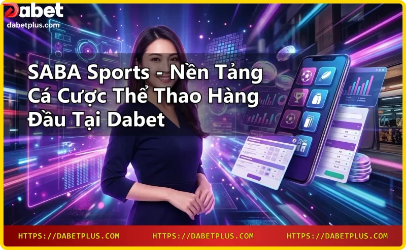 Giao diện nền tảng SABA Sports với biểu tượng thể thao và trận bóng đá trực tiếp, ánh sáng neon xanh dương và tím