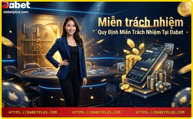 Hình ảnh minh họa các quy định Miễn trách nhiệm tại Dabet với cuốn sách vàng và biểu tượng bảo vệ.