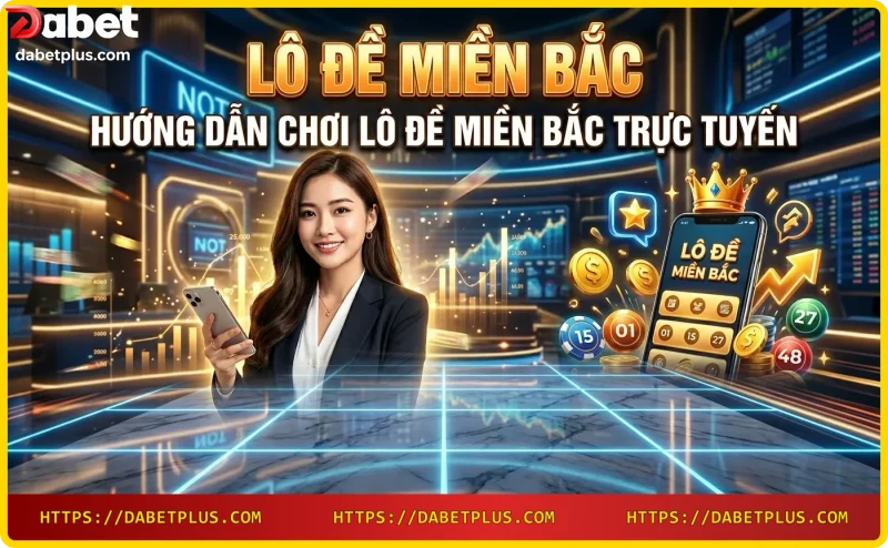 Hướng dẫn chơi lô đề miền Bắc trực tuyến tại Dabet: tay cầm điện thoại đặt cược, với các biểu tượng hướng dẫn nổi.