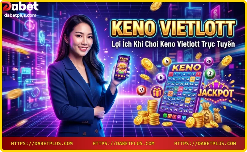Keno Vietlott - điện thoại hiển thị vé trúng thưởng, xung quanh là tiền xu và quà tặng phát sáng