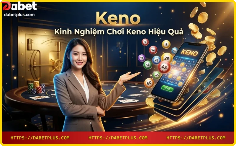 Mẹo chơi Keno hiệu quả - tay cầm đồng xu vàng và bảng số Keno sáng